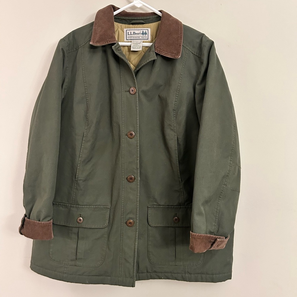 LL Bean Jacket Women’s Large Green Corduroy Quilted Thinsulate Adirondack Barn